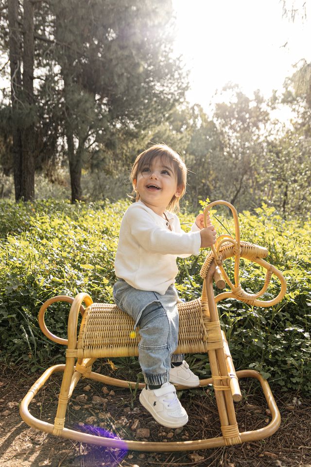 פעוט על סוס נדנדה מקש ביער